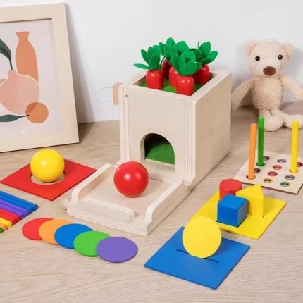 Wooden Montessori Early Education Multi Functional 5 in 1 Play Kit Carrot Harvest Game Shape Sorting Game